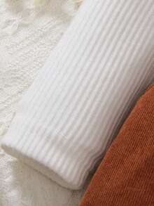 2pcs/Set Toddler Girls' Solid Color Versatile Outfit, Includes White Long Sleeve Crew Neck Top And Adorable Brown Corduroy Overalls, Suitable For Spring And Autumn - Brown - View 4