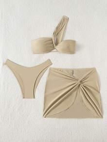 New Summer European & American Style Women 3 PiecesBikini Swimsuit Set - Sexy One-Shoulder Tankini With Skirt - Khaki - View 3