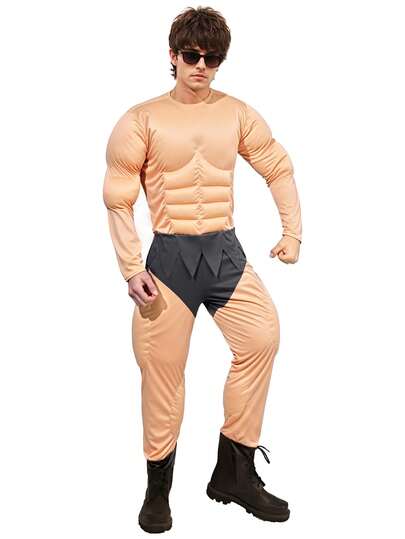1pc Adult Cosplay Muscular Man Jumpsuit With Fake Chest & Abs, Funny Costume For Performance, Party & Role Play