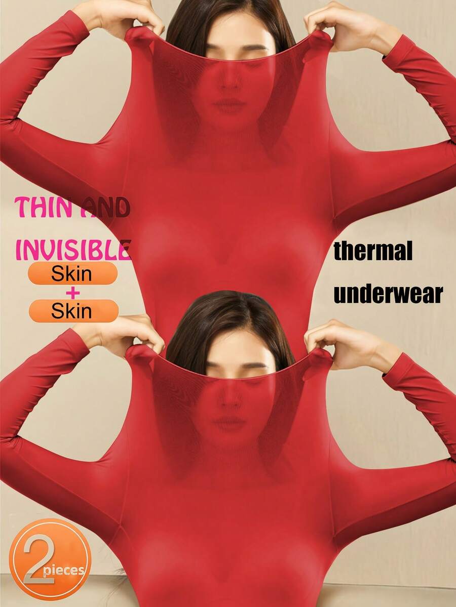 2件装女士无缝超薄保暖内衣 - 柔软舒适的长袖圆领上衣，适合作为内衣和睡衣穿着，高品质面料，轻盈透气，是叠穿的理想之选。