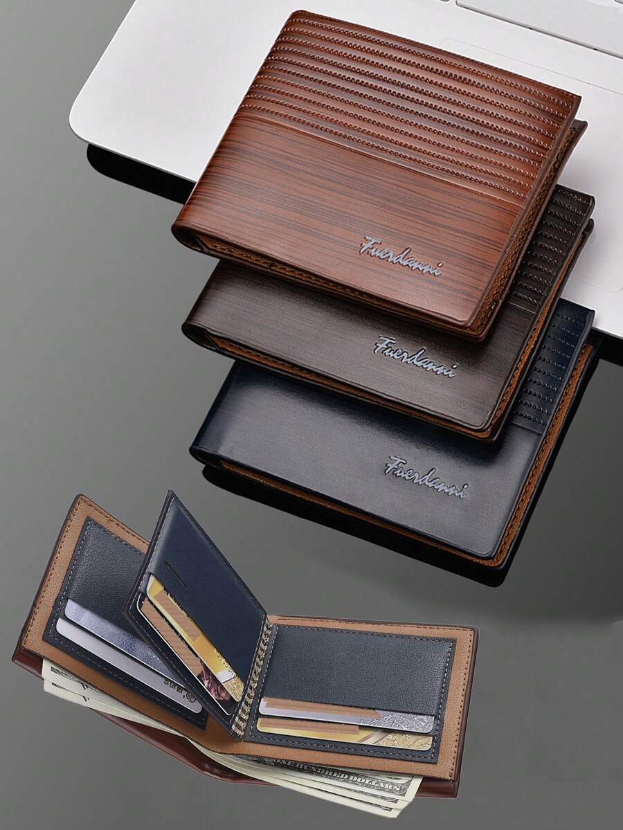 1pc Fashionable Wooden Grain Leather Men's Short Wallet & Card Holder