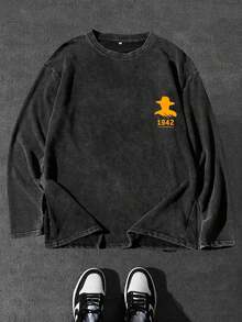 Enkel långärmad t-shirt med vintage-affischdesign, tvättbar, plus size för män - Svart - Visa 3