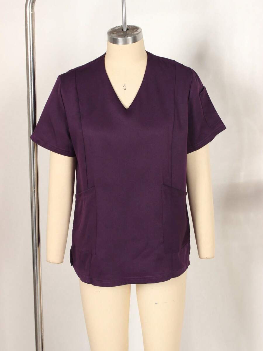 INWOMAN Summer Purple Fitted V-Neck Top And Pants Matching Uniform Set - Purple - View 1