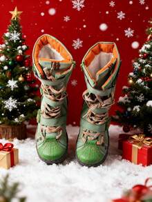 1 Pair TMA EYES Women's Green Retro Leather Boots - Lace Up And Side Zipper Design, Non Slip, Autumn And Winter Retro Style,Boots For Women - 綠色 - 查看 2