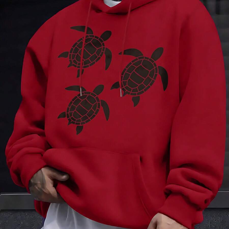 Black Turtle Print Hoodie For Everyday Wear - Red - View 1