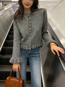 2025新款优雅圆领荷叶边褶皱针织毛衣，百搭休闲风，秋冬款，纯灰色 - 灰色 - 查看 11