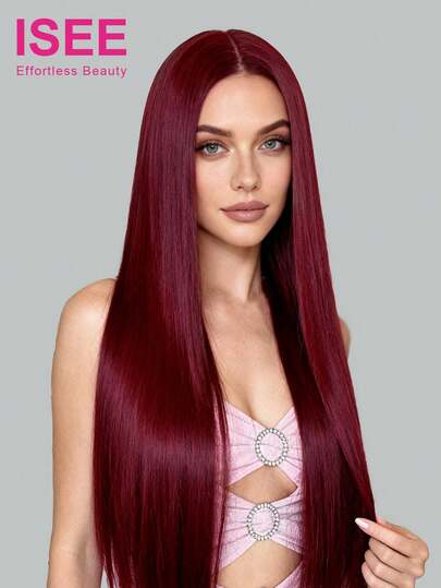 ISEE 100% 未经加工的真人处女发直发假发，无需胶水，佩戴方便，180% 密度，16-28 英寸，6*4 透明蕾丝，酒红色，预剪蕾丝，预拔发际线，未经加工的真人发，高品质假发，适合日常佩戴，营造度假氛围，活力四射，旅行必备，节日装扮，伴娘礼物。