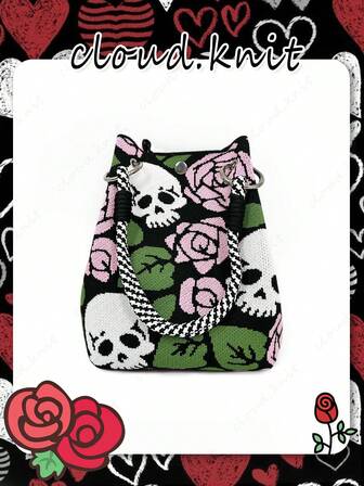 1 st. stickad handväska med rosblomma och dödskalletryck, bärbar, vikbar liten tygväska för kvinnor med dubbla handtag, magnetisk stängning, shoppingväska med axelrem, lämplig för jul, halloween, högtidsgåvor, presentpåse