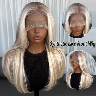 Peluca sintética de encaje frontal de 13x6 Kanekalon Futura Hair, rubia degradada, para mujeres, de 20 pulgadas, media larga, ondulada, con flequillo, sin pegamento, resistente al calor, de fibra sintética, de 150% de densidad, con parte central, transparente HD, para uso diario, de fiesta, vacaciones y fiestas