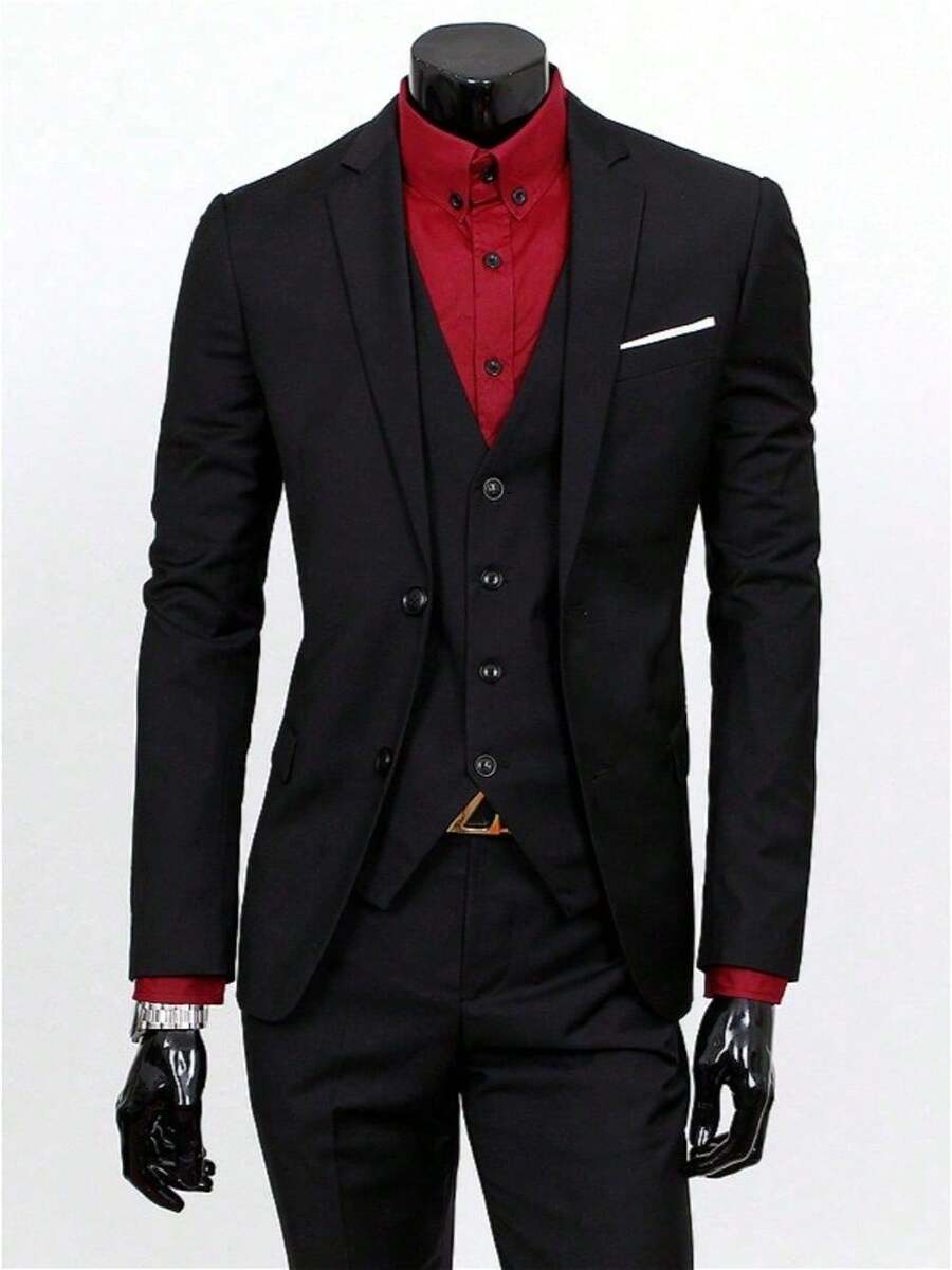 Men's 3-Piece Suit Set With Contrast Shirt - Formal Wedding Blazer With Waistcoat & Trousers, Pocket Square & Wristwatch Styling - 黑色 - 查看 1
