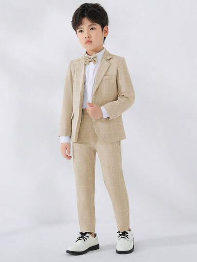 3pcs Young Boy Plaid Suit Set: Blazer, Pants & Bow Tie, Suitable For Formal Events, Weddings, Performances, And School Uniform, Autumn
