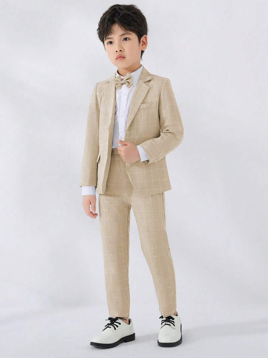 3 件套男童格子西装套装:西装外套、裤子和领结,适合正式活动、婚礼、表演和校服,秋季 - 卡其色 - 查看 1