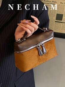 1pc Minimalist & Fashionable Small Square Bag, Faux Suede Retro Style, Suitable For Girls, Women, College Students, Female Office Workers, Great For Work, Business, Commuting, School And Other Occasions - Brown - View 1