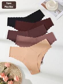 5条装女士高腰蜜瓜色波浪边无缝三角裤，弹性透气内裤 - 彩色 - 查看 5