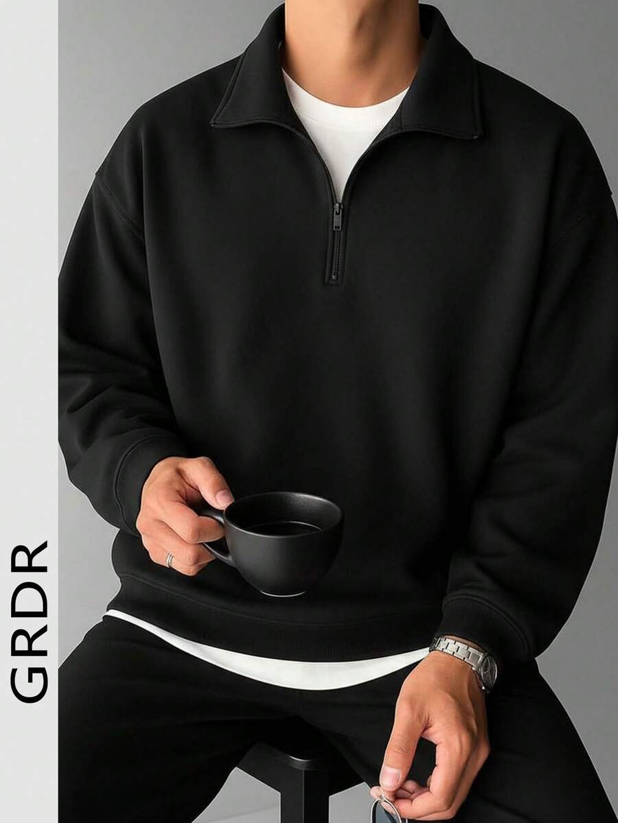 男士纯色宽松立领半拉链套头衫，适合春秋季节 - 黑色 - 查看 1