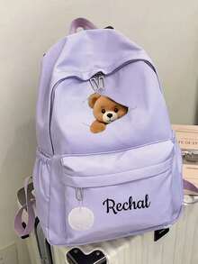 This 2-Piece Set Is A Customizable Back-To-School Gift Set, Including A Backpack (With White Fluffy Pom-Pom Decor) And A Tote Bag, As Well As An Insulated Lunch Box Bag And A Portable Aluminum Foil Cooler Bag, Printed With A Cute Cartoon Zipper Bear Pattern. - Black - View 19
