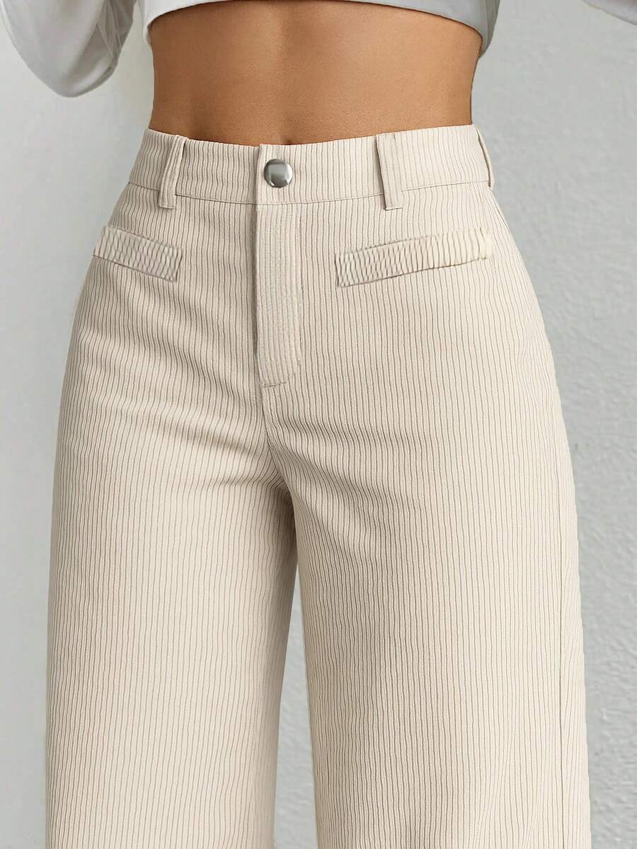 1 Quần dài khóa kéo túi nút bằng polyester màu trơn, thích hợp mặc hàng ngày vào mùa xuân, mùa thu và mùa đông - Màu be - Xem 1