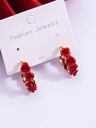 1对复古合金红色玫瑰花圈耳环，几何花卉耳环，百搭时尚节日佩戴，情人节送给女友的礼物（不含贺卡）