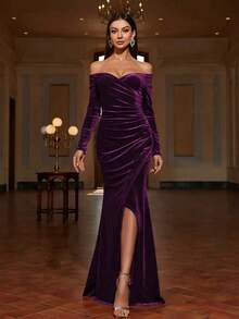 Women's Off-Shoulder Slit Dress: Elegant Pleated Fitted Long Sleeve Evening Gown, Perfect For Parties And Banquets - Purple - View 1