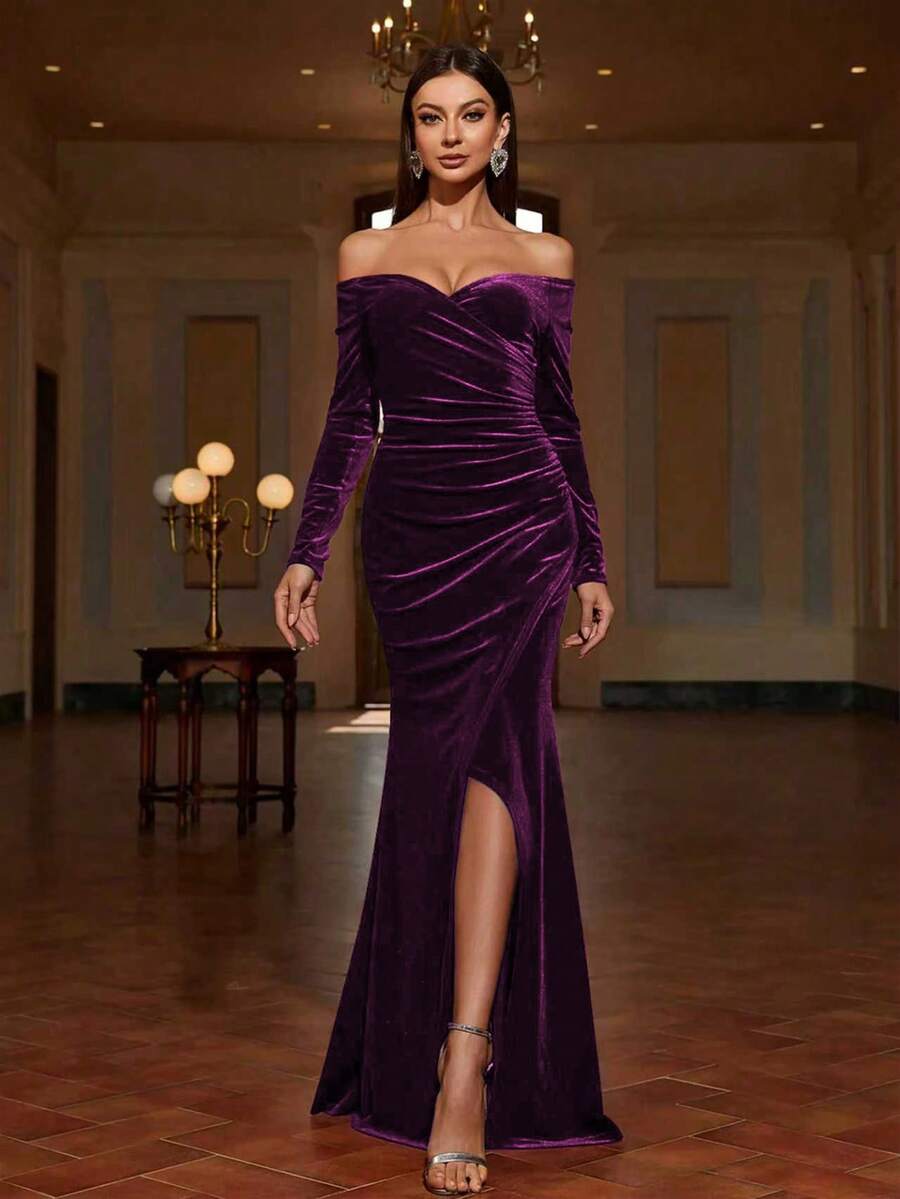 Women's Off-Shoulder Slit Dress: Elegant Pleated Fitted Long Sleeve Evening Gown, Perfect For Parties And Banquets - Purple - View 1