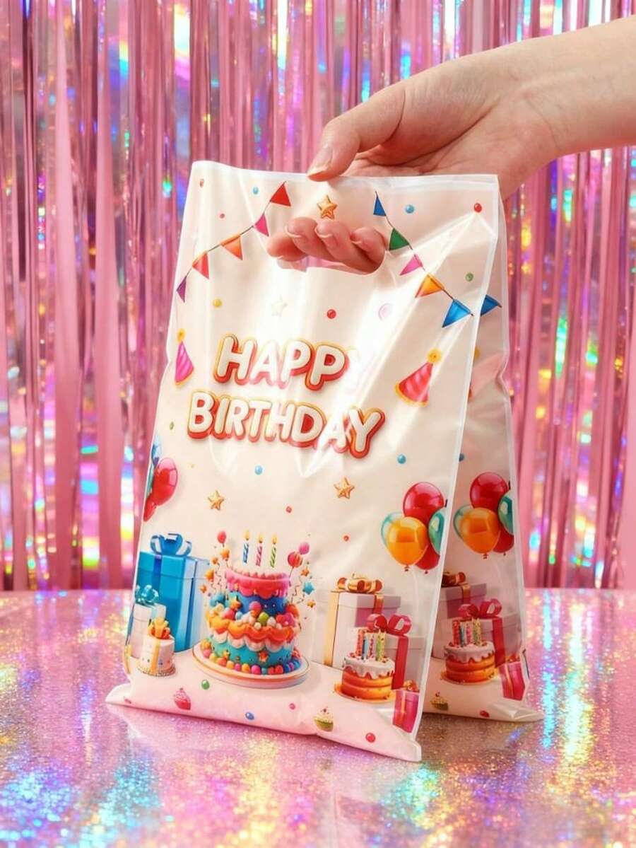 10/25/50个装彩色生日蛋糕主题礼品袋，3D蛋糕造型，印有“生日快乐”字样，带提手，可用作生日礼物包装袋、生日派对回礼袋、生日装饰袋、生日礼物袋、派对回礼袋、房间装饰袋、厨房包装袋、生日派对用品袋、生日礼物填充物袋。