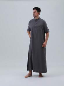 AL HARAMAIN 男士卡塔尔风格长袍，最新热销高端男士阿拉伯长袍，柔软不起球面料，时尚短袖立领四粒扣设计，祈祷长袍，男士优雅阿拉伯长袍 - 柔软长袖祈祷长袍，可机洗，适合所有季节和宗教场合，圆领设计，质地顺滑，男士正装，男士传统阿拉伯长袍，卡塔尔风格设计 - 深灰色 - 查看 7