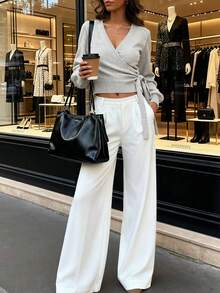 2025 Pull tricoté à nouer pour l'automne/l'hiver, blanc, indispensable pour les femmes à la maison, pour le trajet, les rendez-vous, les voyages, convient à diverses occasions, gris clair