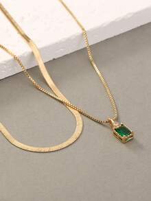 2pcs Fashionable Micro-Inlaid Dark Green Square Zirconia Element Venetian Chain Necklace Set - Yellow Gold - View 4