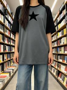大码女装夏季度假时尚休闲宽松舒适Y2K街头风星形印花撞色插肩短袖圆领针织T恤，毕业季 - 灰色 - 查看 5