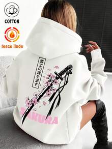 Áo hoodie dáng rộng có dây rút in hoa dành cho nữ, thiết kế đồ họa phổ biến, phong cách đường phố mùa xuân hè (đa năng), phù hợp cho hoạt động thể thao ngoài trời. - trắng - Xem 2