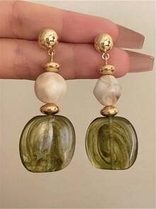 1 Pair Vintage Asymmetrical Tie Dye Acrylic Long Pendant Earrings For Women, European And American Style, Suitable For Party, Banquet, Travel, Wedding, Vacation, Daily Wear, Jewelry Gift - màu xanh lá - Xem 4