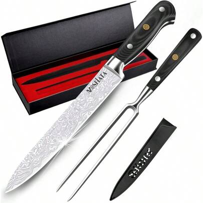 8 Carving Knife 7 Fork Set - Premium Meat Cutting Knife Made From German High Carbon Stainless Steel EN.4116 For Slicing Meats Fruits And Vegetables With Precision And Durability In Kitchen And Outdoor BBQ Cooking Applications