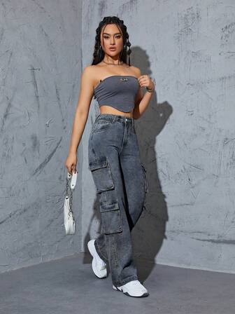 女士Y2K高腰多口袋做旧直筒工装牛仔裤