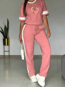 女士加大码时尚简约渐变色双心印花圆领短袖T恤和休闲直筒裤套装，条纹袋鼠口袋配抽绳，家居服 - 粉色 - 查看 5