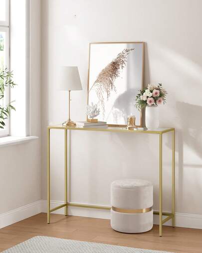 Console Table, Entrance Table, Sofa End, Tempered Glass Table Top, Easy Assembly, Adjustable Legs, For Living Room, Entryway, Hallway, Light Gold And Transparent