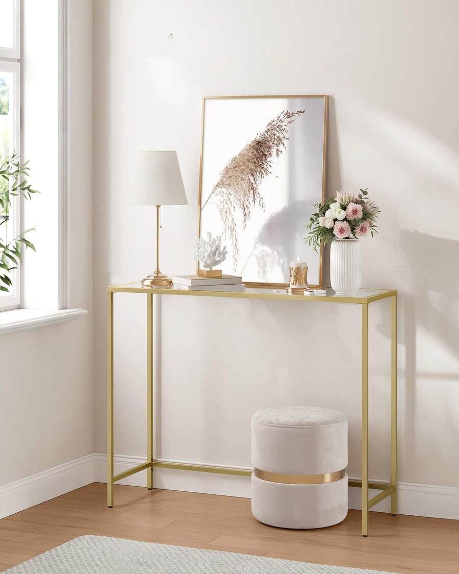 Console Table, Entrance Table, Sofa End, Tempered Glass Table Top, Easy Assembly, Adjustable Legs, For Living Room, Entryway, Hallway, Light Gold And Transparent - Gold - View 1