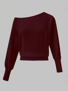 Women's Solid Off Shoulder Knit Blouse, Fall Winter Slim Cropped Sweater - Burgundy - View 7