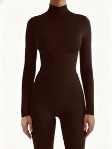 XLLAIS Áo thun dài tay cổ cao cơ bản mới năm 2025, chất liệu hai lớp co giãn ôm sát, kiểu dáng thường ngày mùa xuân. - Màu nâu sẫm - Xem 6