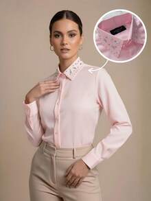 Women's Dress Shirt With Rhinestone Collar | Long-Sleeved Blouse In Plain Fabric With Rhinestone-Decorated Collar - Rose - View 1