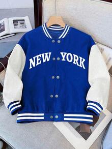 1pc Tween Girls Casual High Street Versatile Outdoor Commute Baseball Jacket, Autumn/Winter - Blue - View 5