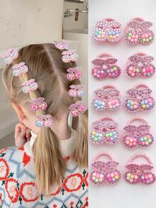 10pcs Cute Cartoon Cherry, Heart, Strawberry, Rabbit, Cat Hair Ties, Pink Hair Scrunchies - Multicolor - View 9