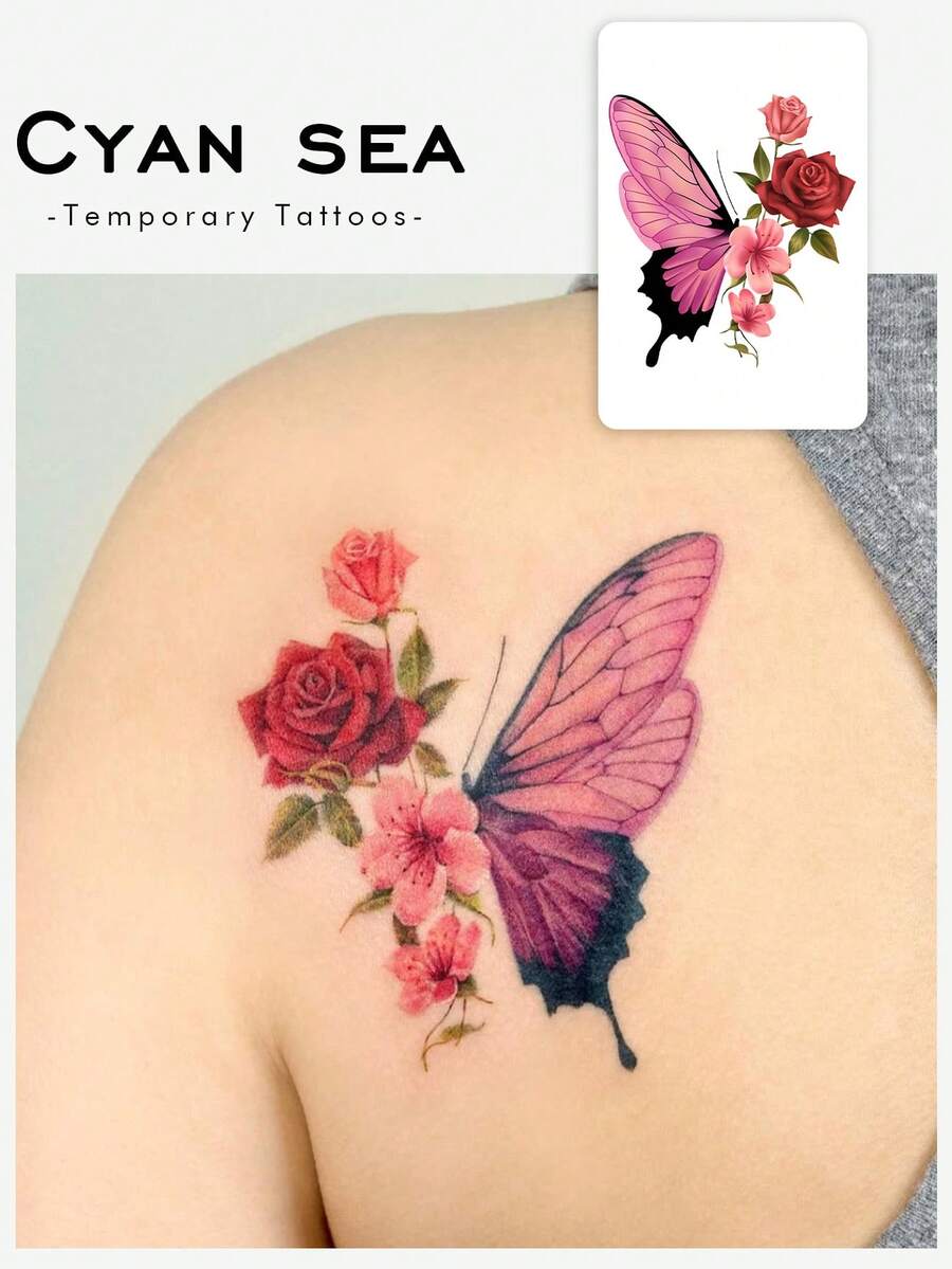 色彩缤纷的蝴蝶玫瑰花卉临时纹身贴纸,性感浪漫的彩色草本纹身贴纸,防水防汗的Y2K极简设计,适用于手指、手掌和手臂,适合女性,可持续3-5天 - 彩色 - 查看 1