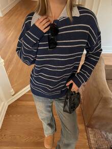 Women's Long Sleeve Clashing Stripe Sweater, POLO Neck Drop Shoulder Loose Top, Street Fashion Vacation Winter For Women, Going Out Tops Women, Thanksgiving For Women, Christmas Sweater.