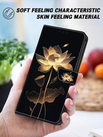 GLANDOTU Schwarze und goldene Lotus Künstlerische Klapphülle für Handy, inklusive Schlüsselband, Kartenfach und Ständer, stoßfeste Schutzhülle aus PU-Leder, kompatibel mit verschiedenen Handy-Marken und -Modellen