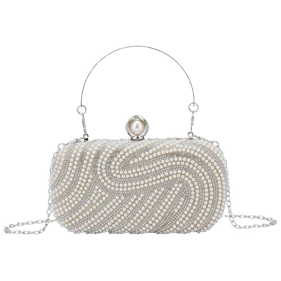 Gets Womens Pearl Clutch Purse Beaded Evening Handbag With Chain Bridal Wedding Party Bag Luxury Elegant Small Bag Formal Occasion Accessories Fashionable Chic Design - Màu be - Xem 1