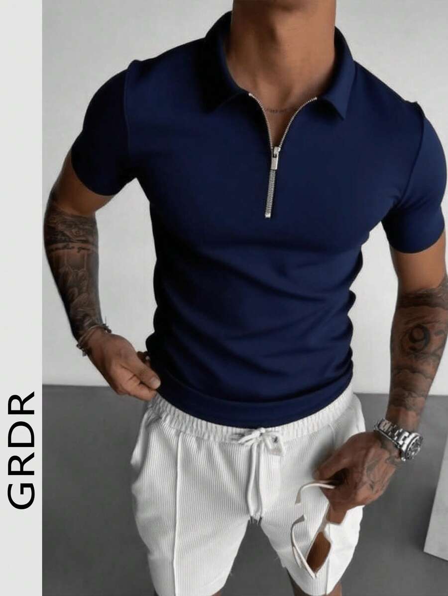 GRDR Men's Summer Half Zip Polo Collar Short Sleeve T-Shirt, Suitable For Outdoor Casual Wear