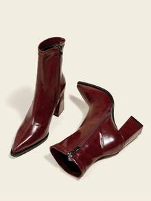 8.5cm Chunky Heel Ankle Boots & Short Boots, Burgundy, Pointed Toe, Comfortable, Fashion 2025 - Burgundy - View 5