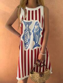 Starfish Boho Style Summer Beach Casual Comfortable Vintage Colorblock Striped Fish Scale Print Sleeveless Dress, Brunch Outfit For Women - Red - View 4