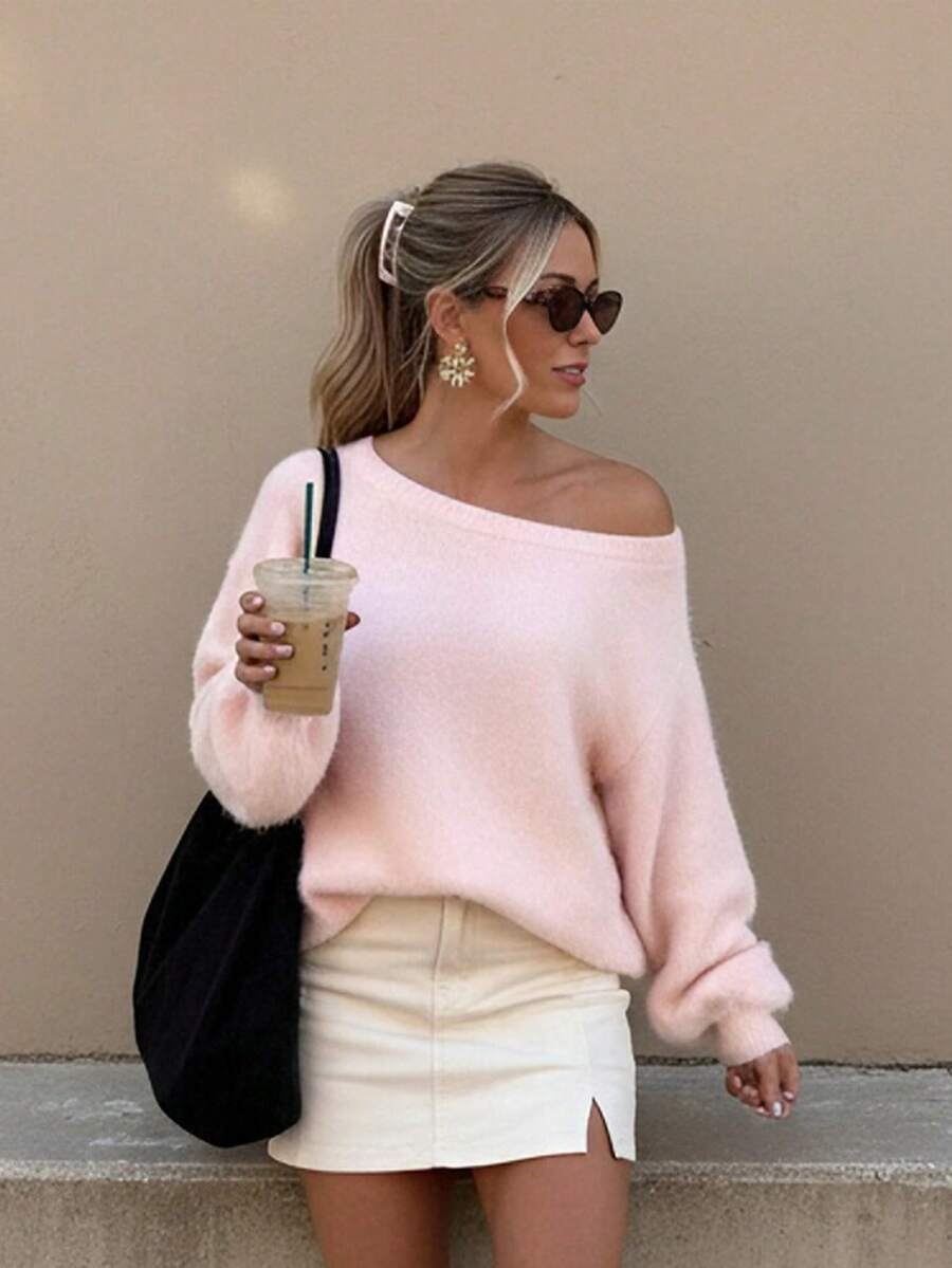Plus Size Women's Christmas Sweater Clothing Fall/Winter Romantic Pink Asymmetrical Shoulder Long-Sleeved Sweater, Gentle, Sweet And Lazy Style, Simple And Loose Everyday Top - Pink - View 1