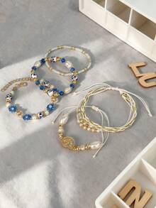 5pcs/Set Elegant Floral Porcelain Faux Pearl Glass Beaded Handmade Adjustable Bracelet Set, Suitable For Daily, Casual Wear, Holiday Gift - Blue - View 5